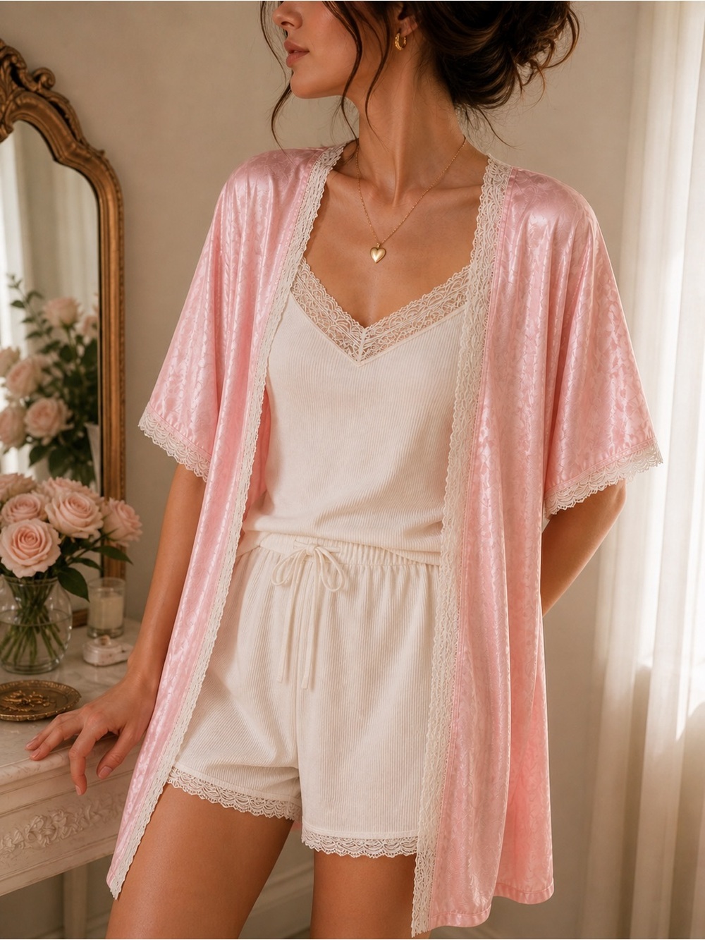 Vintage Pink Satin Lace Trim Robe Denise Creations USA Smoker’s Robe Loungewear